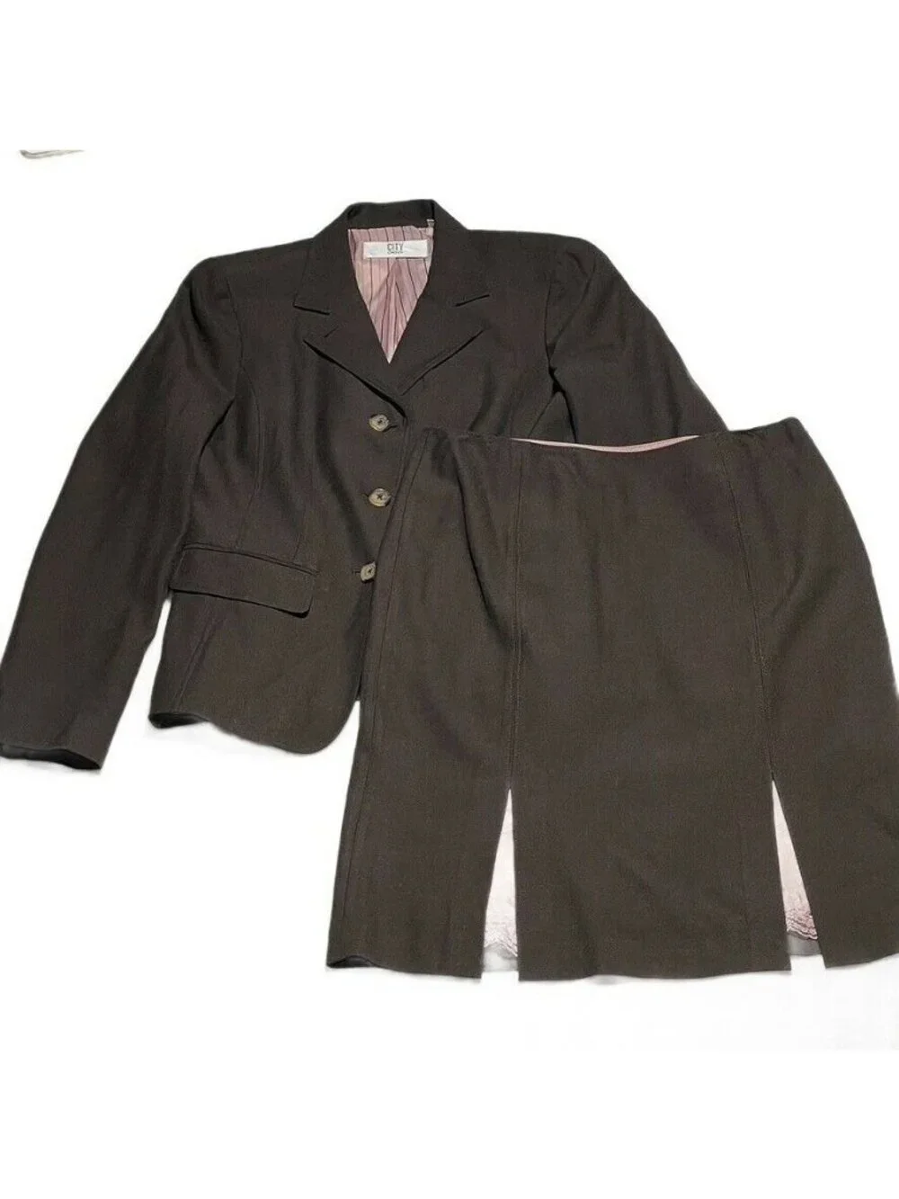 DKNY City Womens Black Blazer & Skirt Suit Set Size 8 With Pink Striped Lining